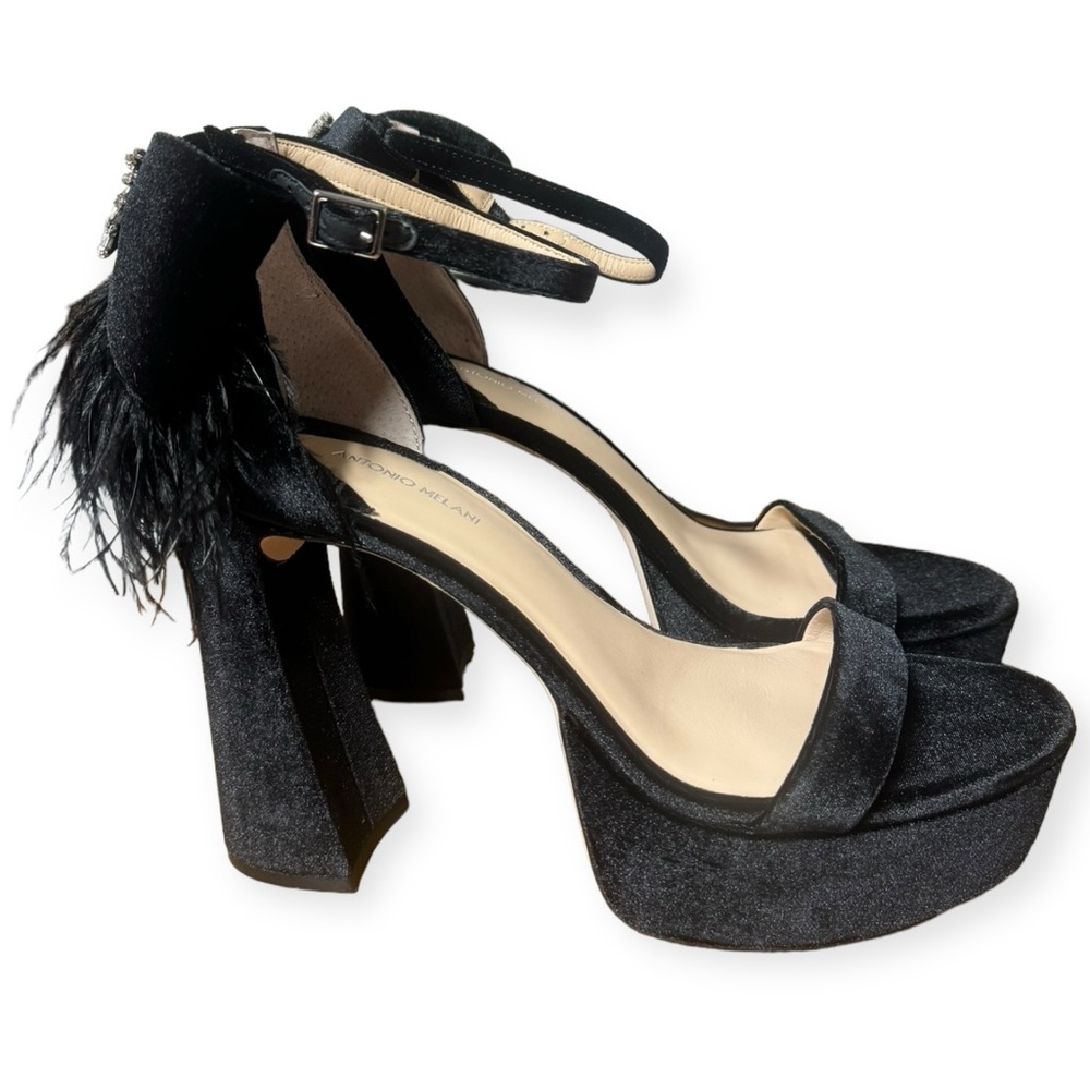 ANTONIO MELANI Black Feather Platform Ankle Strap Heels
